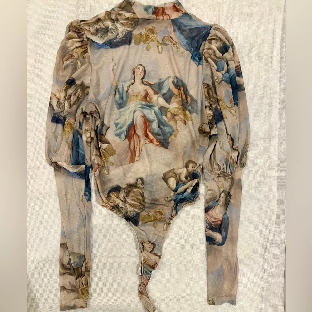 Fashion Nova Renaissance Print Mesh Bodysuit | Sheer Long Sleeve | Size M - Picture 1 of 4